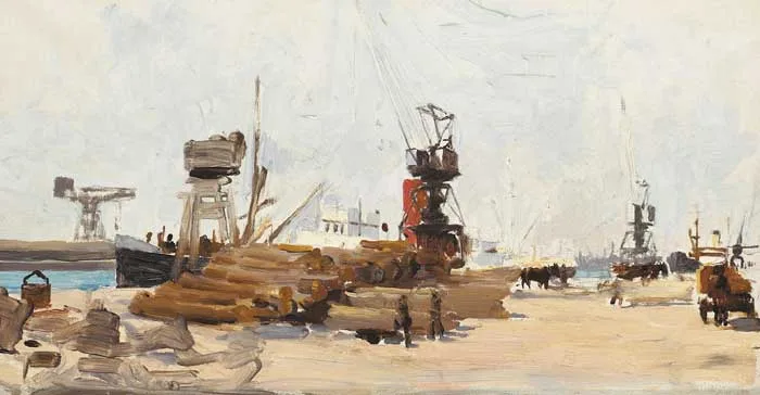 DUBLIN DOCKS by Dermod O'Brien, oil on canvas, sold May 2009