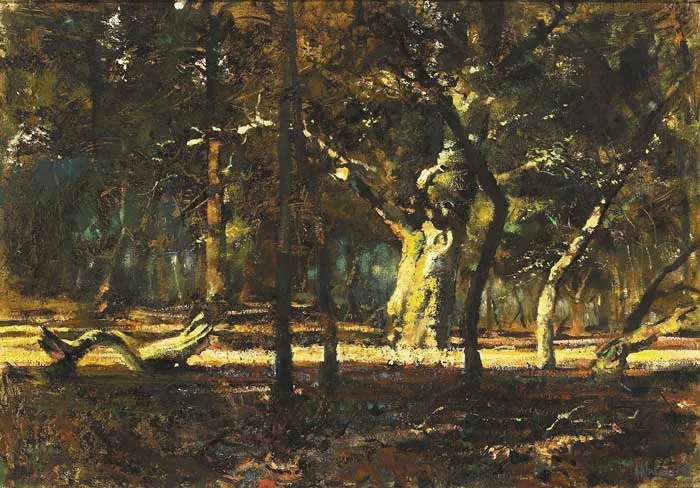 SUNLIGHT THROUGH THE TREES by Arthur K. Maderson, circa 1985, oil on canvas laid on board, sold May 2009