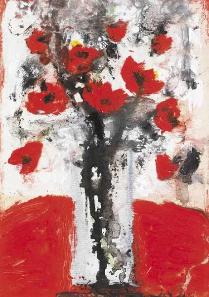 Neil Shawcross, WILD RED FLOWERS, 2006, oil on gouache on card; double sided frame also displays reverse inscription