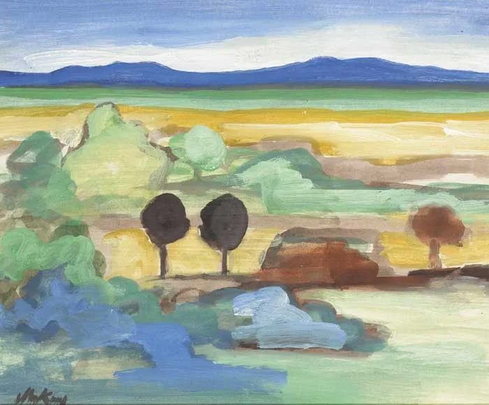 THREE BROWN TREES by Markey Robinson, oil and gouache on board, offered May 2009