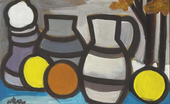 STILL LIFE WITH TWO TREES by Markey Robinson, oil on board, sold May 2009