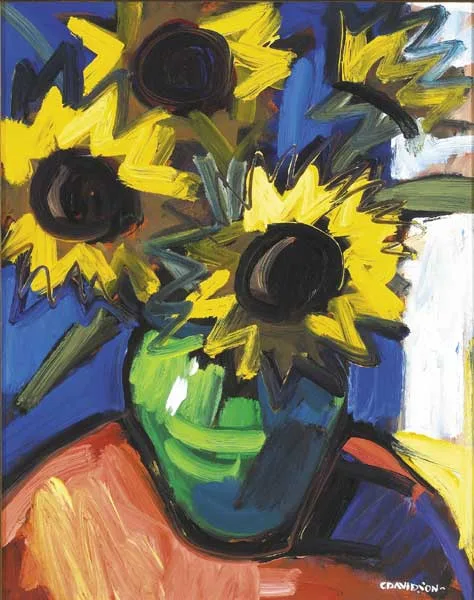SUNFLOWERS by Colin Davidson, oil on board, sold May 2009