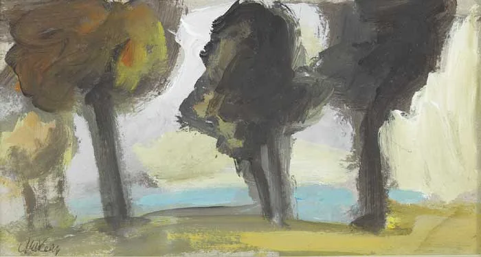LANDSCAPE WITH TREES by Markey Robinson, gouache on board, sold May 2009