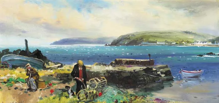MENDING THE LOBSTER POTS by Kenneth Webb, oil on canvas, offered May 2009