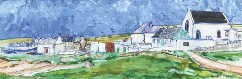 VILLAGE SCENE WITH CHURCH by Anton Meenan, oil and gouache on board, sold May 2009