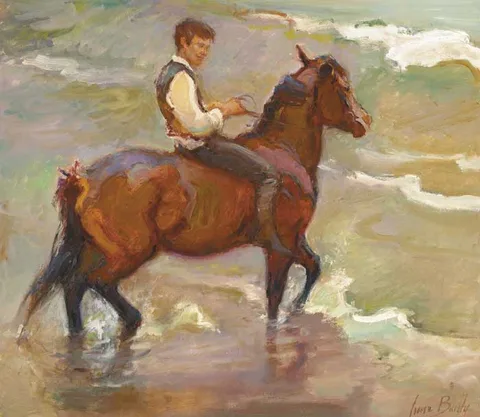 June Brilly, RIDING INTO THE WAVES, oil on board