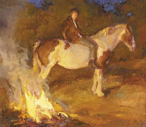 June Brilly, HORSERIDING THROUGH THE FOREST, oil on board