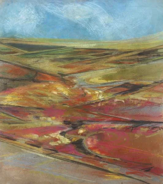 RED LANDSCAPE by Clement McAleer, oil pastel, offered Mar 2009