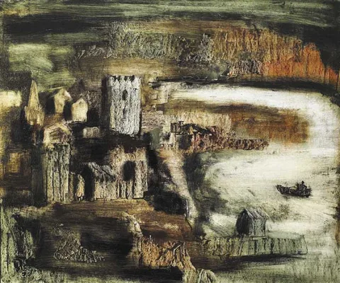 ABBEY RUINS ON AN ISLAND by Séamus Ó Colmáin, oil on board, sold Mar 2009