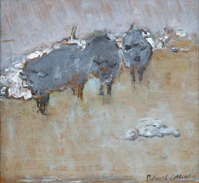 COWS SHELTERING by Patrick Collins, oil on board, offered Mar 2009