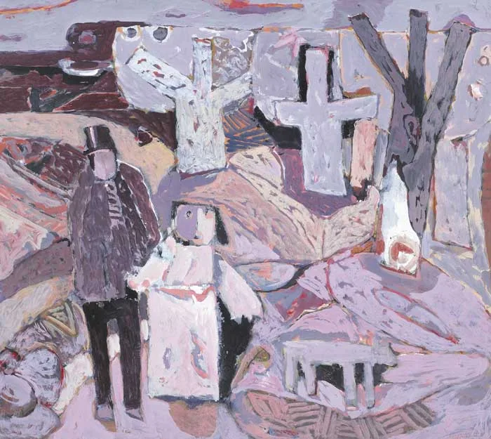 FIGURES IN LANDSCAPE by Nevill Johnson, acrylic on board, sold Mar 2009