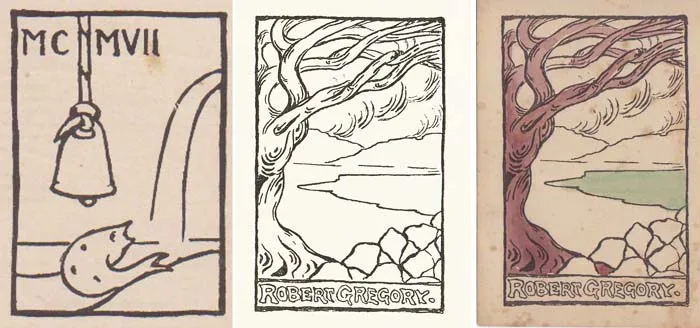 Robert Gregory, COLLECTION OF BOOKPLATES PLUS DÚN EMER PRESSMARK, 1907, eight printed bookplates, including one handcoloured (unframed)