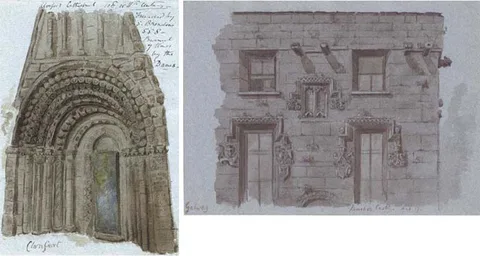 LYNCHE'S CASTLE, GALWAY, CLONFERT CATHEDRAL AND TWO OTHERS by Lady Isabella Augusta Gregory, four watercolours with pen and ink on paper (unframed), offered Mar 2009