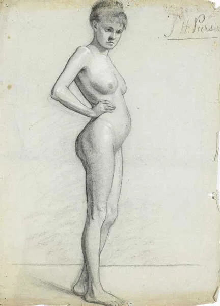 Sarah Purser, LIFE STUDY: YOUNG WOMAN WITH HAND ON HIP, charcoal and white chalk on tinted paper