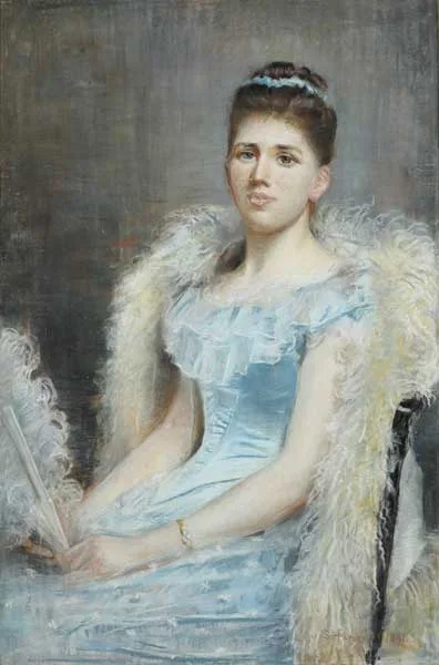 Sarah Purser, LADY IN A BLUE SILK DRESS AND FEATHERED BOA, 1891, pastel