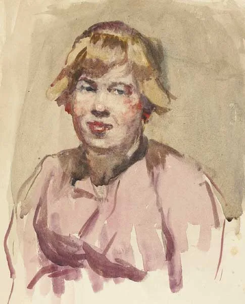 Sarah Purser, STUDY OF A WOMAN IN WORK CLOTHES, watercolour on buff coloured paper