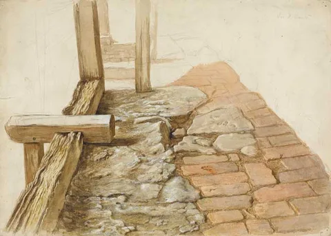 Frederic William Burton, STUDY OF WOODEN BEAMS AND RED BRICKS, watercolour