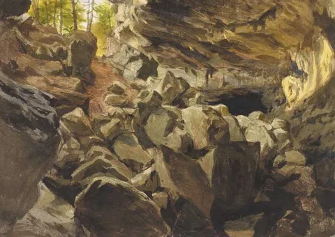 Frederic William Burton, INTERIOR OF A CAVE WITH A VIEW OF FIR TREES, watercolour