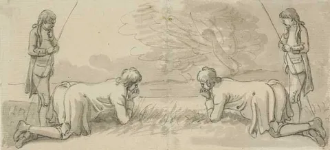 Paul Sandby, FOUR YOUTHS FISHING, pen and grey wash on tinted paper
