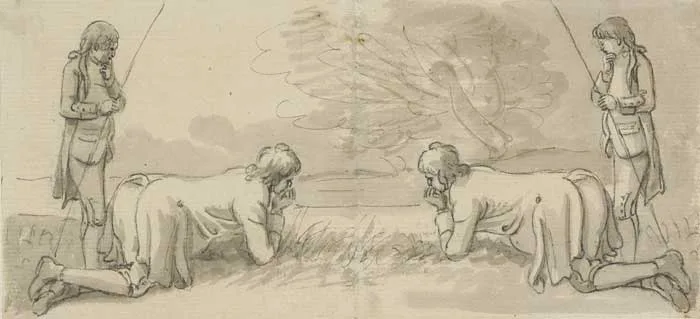 Paul Sandby, FOUR YOUTHS FISHING, pen and grey wash on tinted paper