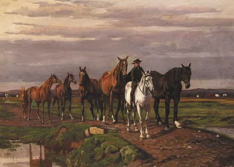 MOUNTED RIDER LEADING A HERD OF HORSES OVER A STREAM by Augustus Nicholas Burke, oil on canvas, sold Mar 2009