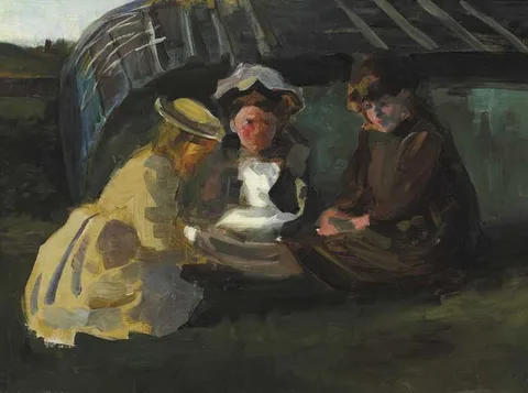 Walter Osborne, SKETCH OF THREE GIRLS WINDING WOOL, 1887, oil on canvas