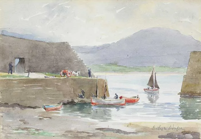 E. Lyn Hope, FISHING BOATS BY A PIER, 1949, watercolour