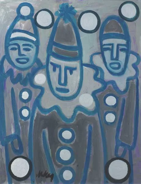 THREE CLOWNS by Markey Robinson, oil and gouache on board, offered Mar 2009