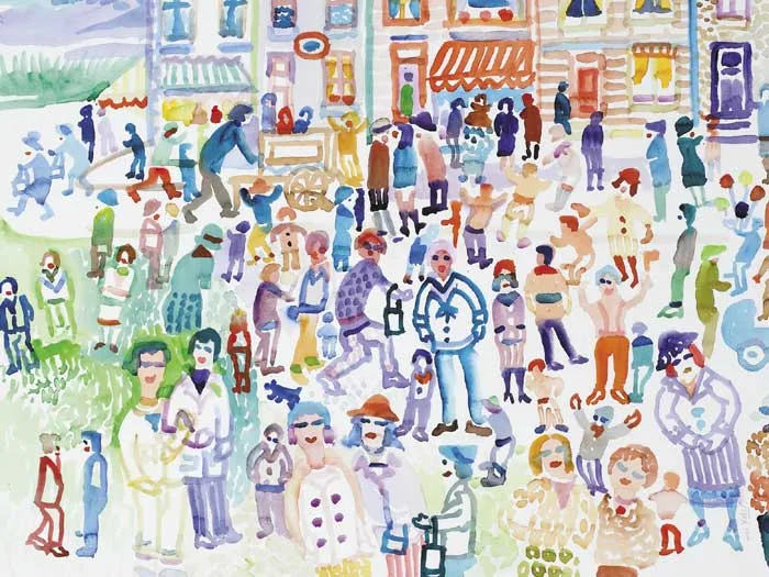 Fred Yates, STREET SCENE WITH ICE-CREAM STALL, watercolour