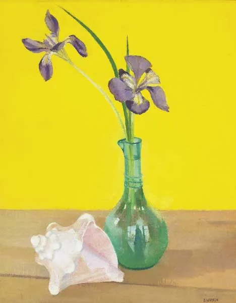 STILL LIFE - IRIS AND CONCH SHELL by Barbara Warren, oil on linen laid on board, sold Mar 2009
