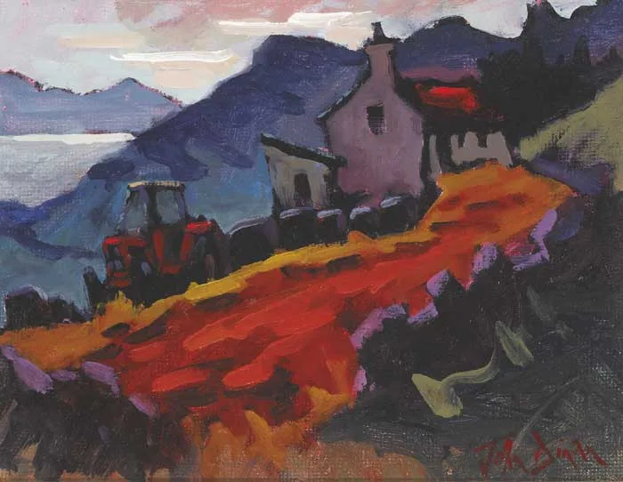 John Dinan, FARMHOUSE ON HILLSIDE, oil on board