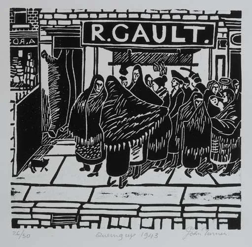 John Turner, QUEUING UP, 1943, linocut (no. 26 from an edition of 50)