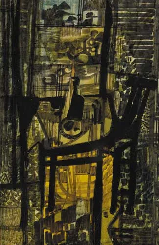 DARK INTERIOR by George Campbell, watercolour and crayon on paper, sold Dec 2008