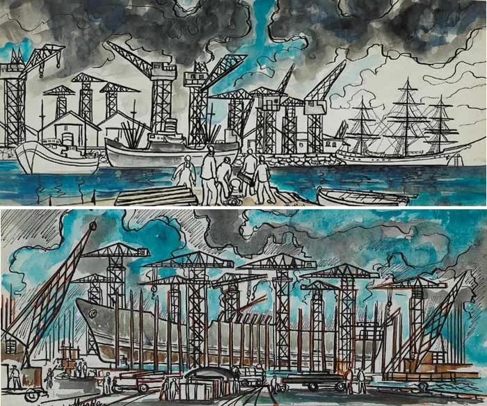SHIPYARD and MAIN YARD (A PAIR) by Markey Robinson, pen and ink with watercolour, sold Dec 2008