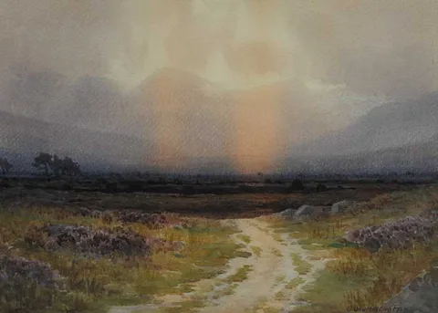 BOG SUNSET, POSSIBLY COUNTY KERRY by Captain George Drummond Fish, watercolour, sold Dec 2008