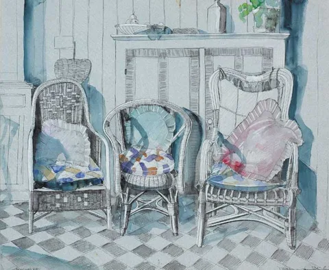 Philip Blythe, THREE CHAIRS ANNAGHMAKERRIG, 1984, pen, ink and watercolour on tinted paper
