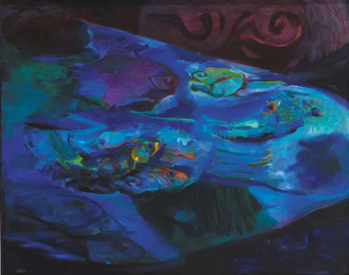 Noreen Rice, STRANGE DREAM (CARP IN A BLUE POOL), oil on board