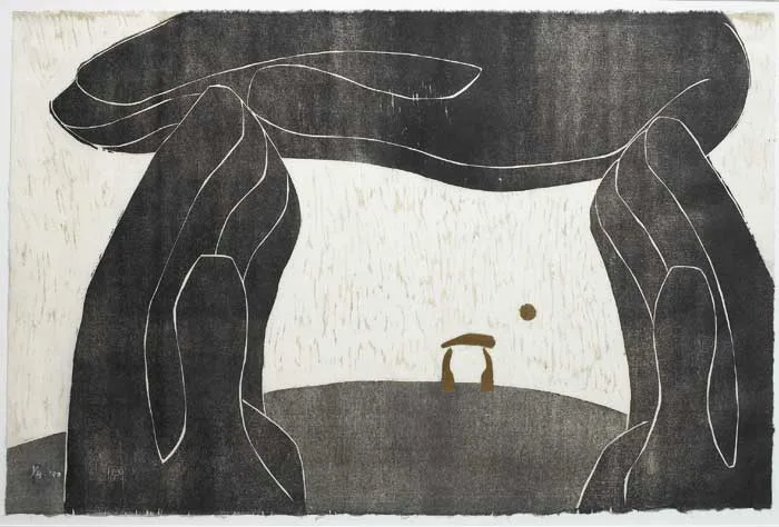 Imogen Stuart, DOLMEN, 1990, woodblock with gold leaf on handmade paper (no. 1 from an edition of 4)