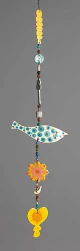 BIRD CHAIN by John Ffrench, hand-painted ceramic mobile with beads, sold Dec 2008