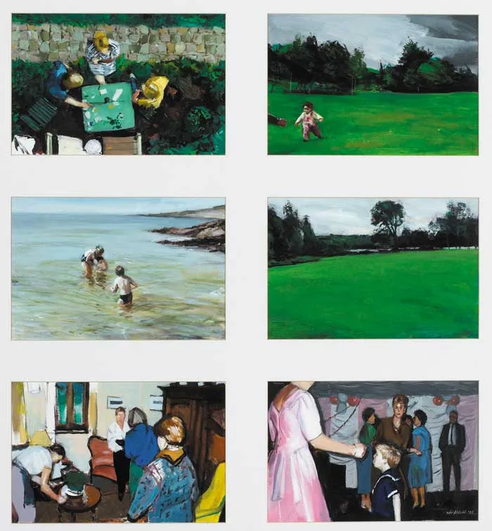 Peter Fitzgerald, ADELHEIDSTR. 10: R,A,B; CHILD AND FIELD; MAYO SEA; FIELD; PARTY; WEDDING DANCE, 1995, oil on canvas; six panels framed as one