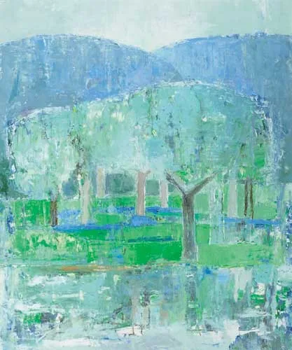 Anne Donnelly, BLUE HILLS, OLIVE TREES AND RIVER, 2005, oil on board