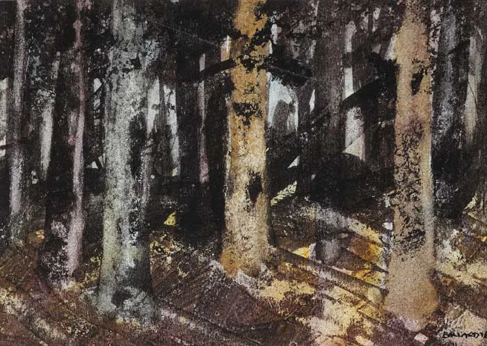 DARK BEECH TREES by Brian Ballard, 1976, watercolour and crayon, offered Dec 2008