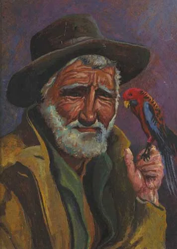 MAN WITH A RED PARAKEET by Harry Kernoff, oil on board, offered Dec 2008