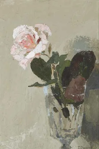 Phoebe Donovan, SINGLE PINK ROSE IN A GLASS, oil on board