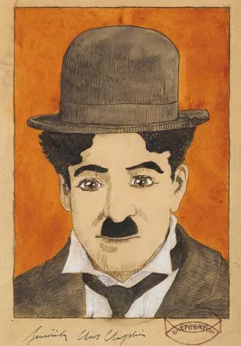Anon. British, PORTRAIT OF CHARLIE CHAPLIN, pen and ink with watercolour