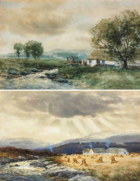HAY STOOKS AND CABINS BY A RIVER and A THATCHED COTTAGE AND CARAVAN BY A STREAM (A PAIR) by John Hamilton Glass, watercolour, sold Dec 2008