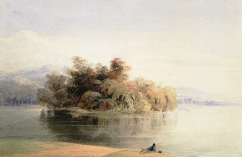 Henry O'Neill, VIEW OF AN ISLAND AND TEMPLE FROM ACROSS WATER, WITH A GENTLEMAN FISHING IN FOREGROUND, watercolour