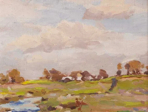 COTTAGE AND RIVER FLATS, NEAR DUBLIN by Michael Healy, oil on canvas board, offered Dec 2008