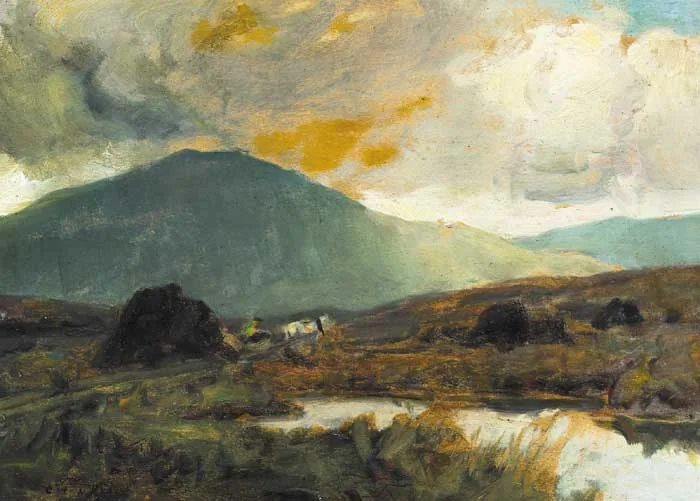 PEAT STACKING by Charles McAuley, oil on board, offered Dec 2008
