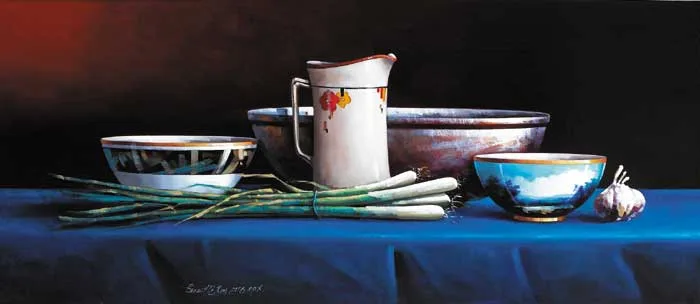 David Ffrench le Roy, STILL LIFE WITH SCALLIONS, 2008, oil on board
